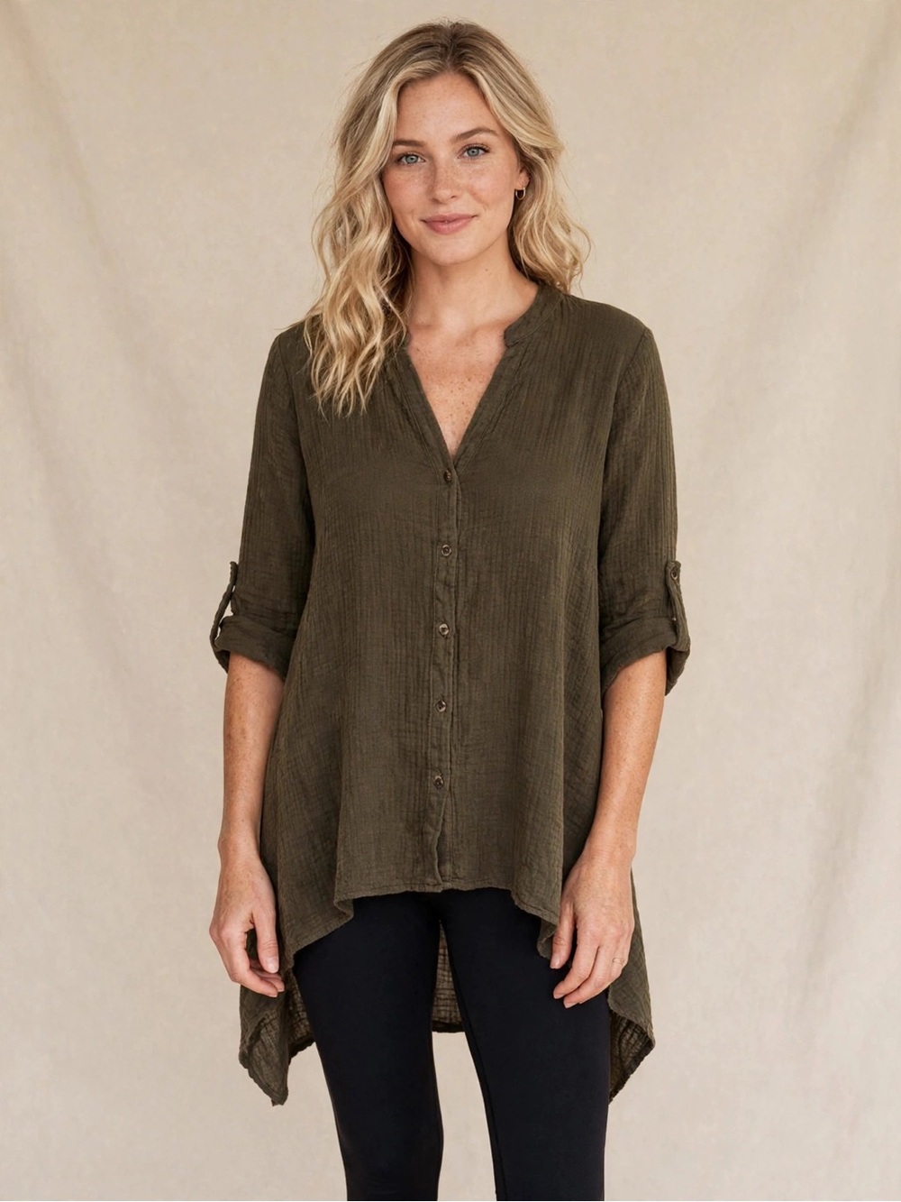 XCVI Wearables Tunic Top Military Green S M Lagenlook Button Front Gauze Cotton
